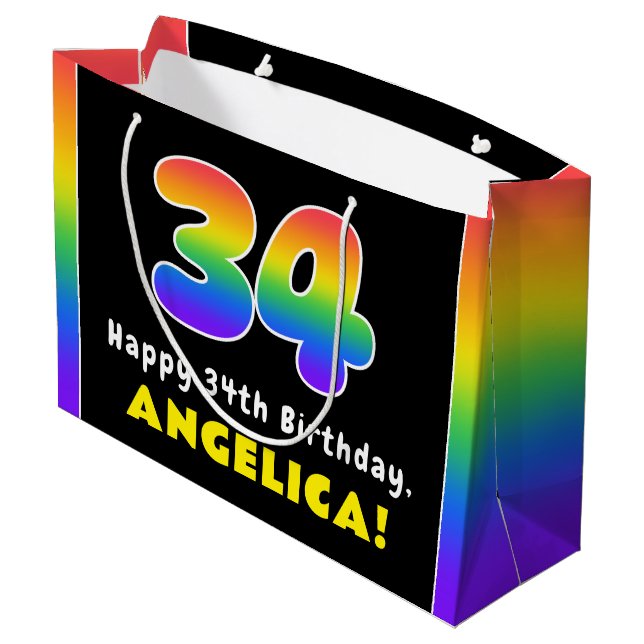 34th Birthday: Colourful Rainbow # 34, Custom Name Large Gift Bag (Back Angled)