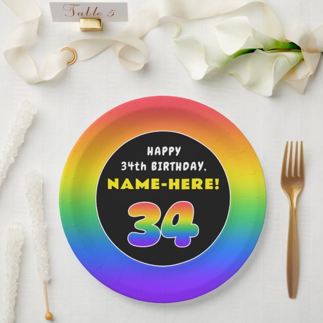 34th Birthday: Colourful Rainbow # 34, Custom Name Paper Plate (Wedding)