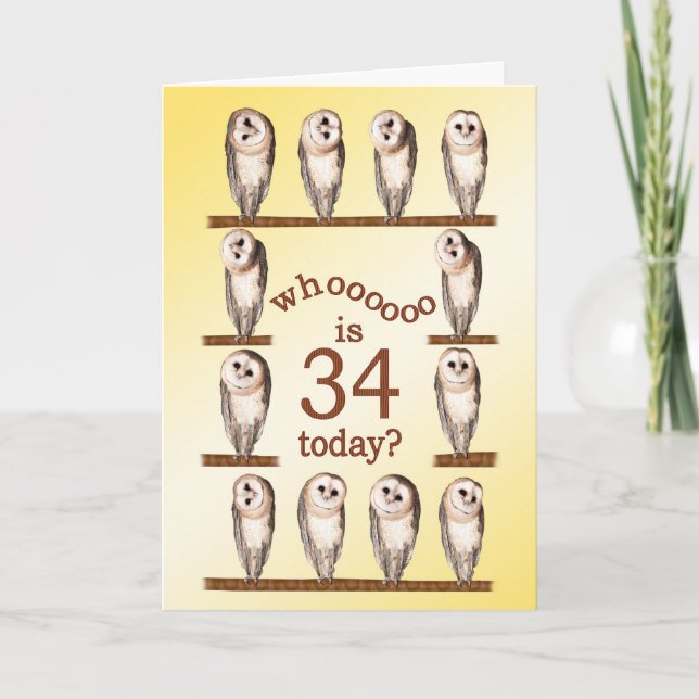 34th birthday, Curious owls card. Card (Front)