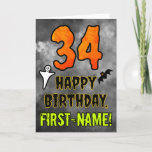 34th Birthday: Eerie Halloween Theme   Custom Name Card<br><div class="desc">The front of this scary and spooky Halloween themed birthday greeting card design features a large number “34”, along with the message “HAPPY BIRTHDAY, ”, and a customisable name. There are also depictions of a ghost and a bat on the front. The inside features a custom birthday greeting message, or...</div>