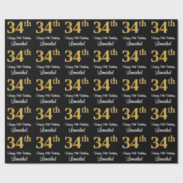 34th Birthday: Elegant Luxurious Faux Gold Look # Wrapping Paper (Flat)