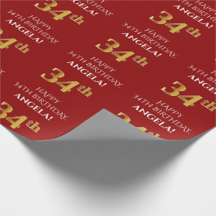 34th Birthday: Elegant, Red, Faux Gold Look Wrapping Paper