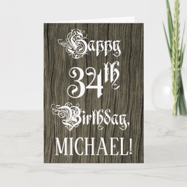 34th Birthday: Fancy, Elegant Text; Faux Wood Look Card (Front)