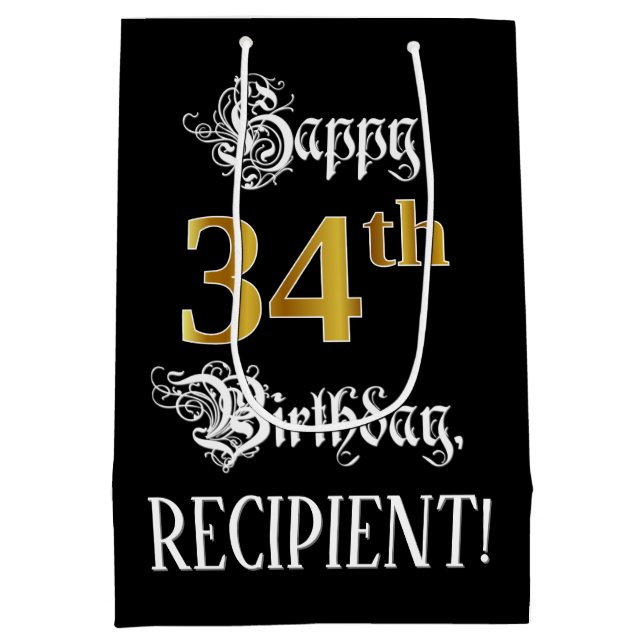 34th Birthday ~ Fancy Script; Faux Gold Look; Name Medium Gift Bag (Back)