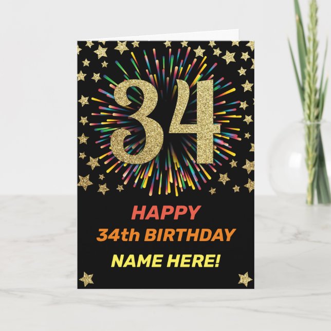 34th Birthday Fireworks Rainbow Gold Fun Card (Front)