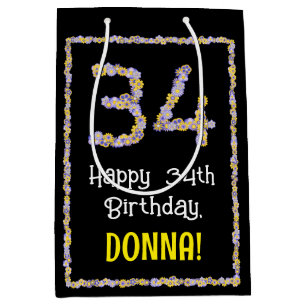 34th Birthday: Floral Flowers Number, Custom Name Medium Gift Bag