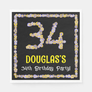 34th Birthday: Floral Flowers Number, Custom Name Napkin