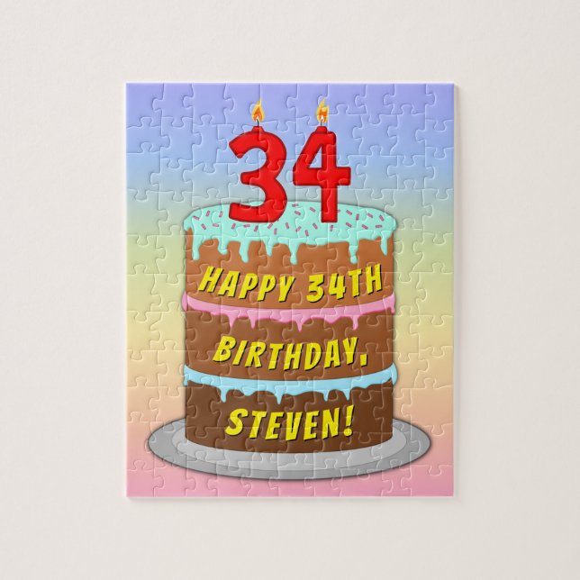 34th Birthday: Fun Cake and Candles + Custom Name Jigsaw Puzzle (Vertical)