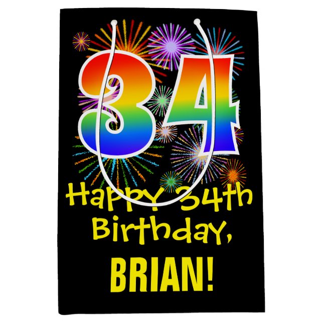 34th Birthday: Fun Fireworks Pattern + Rainbow 34 Medium Gift Bag (Front)