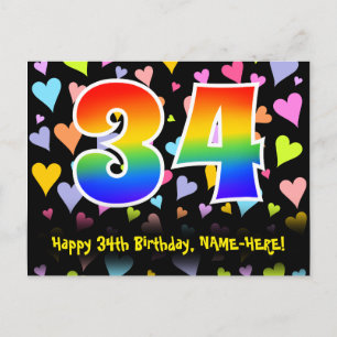 34th Birthday: Fun Hearts Pattern, Rainbow 34 Postcard