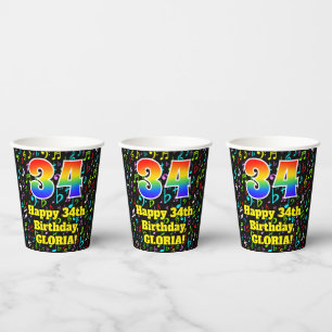 34th Birthday: Fun Music Notes Pattern, Rainbow 34 Paper Cups