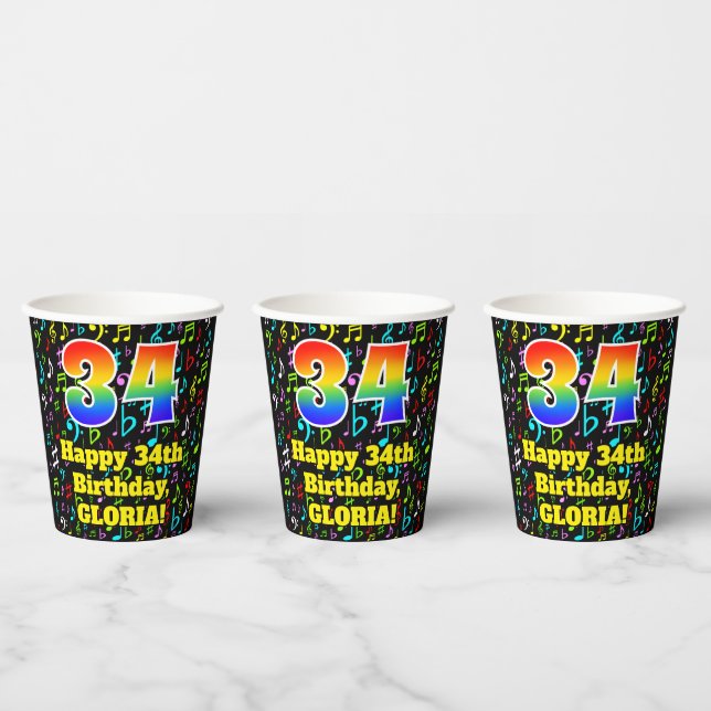 34th Birthday: Fun Music Notes Pattern, Rainbow 34 Paper Cups (Multi)