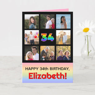 34th Birthday: Fun Rainbow #, Custom Photos + Name Card
