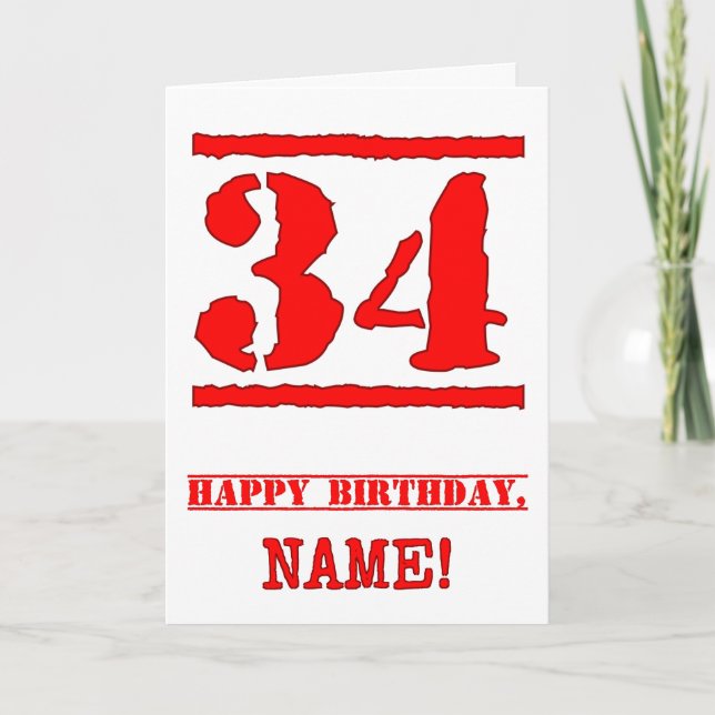 34th Birthday: Fun, Red Rubber Stamp Inspired Look Card (Front)