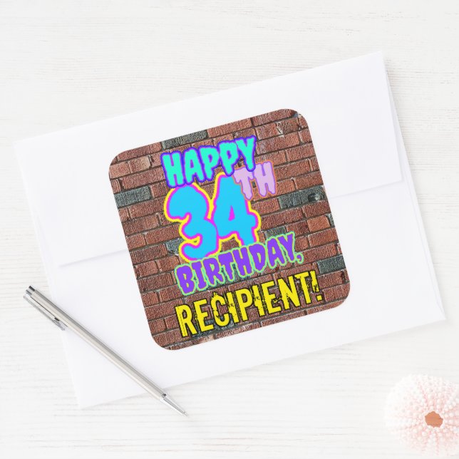 34th Birthday – Fun, Urban Graffiti Inspired Look Square Sticker (Envelope)