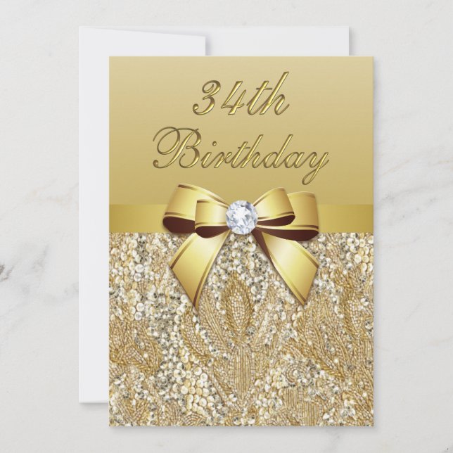 34th Birthday Gold Faux Sequins and Bow Invitation (Front)