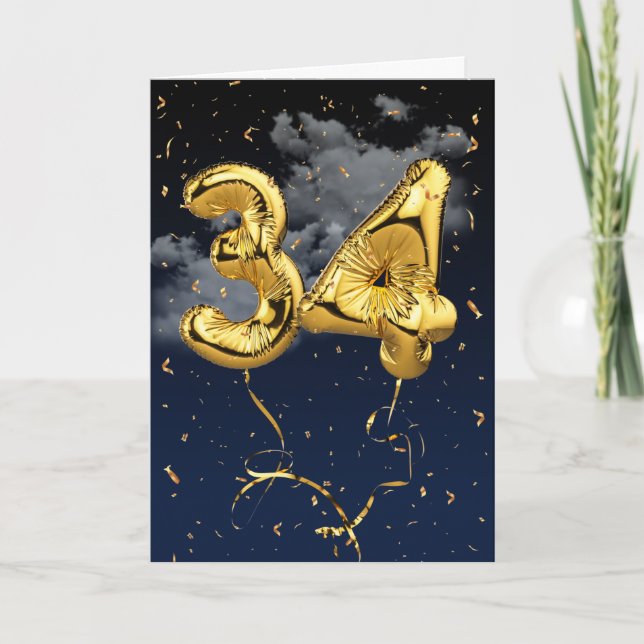 34th Birthday Gold Mylar Balloon and Confetti Card (Front)