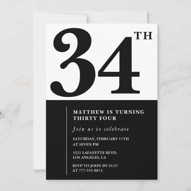 34th birthday invitations Black and White Elegant (Front)