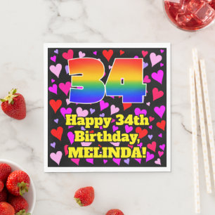 34th Birthday: Loving Hearts Pattern, Rainbow # 34 Napkin