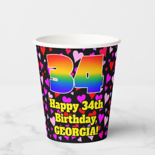 34th Birthday: Loving Hearts Pattern, Rainbow 34 Paper Cups