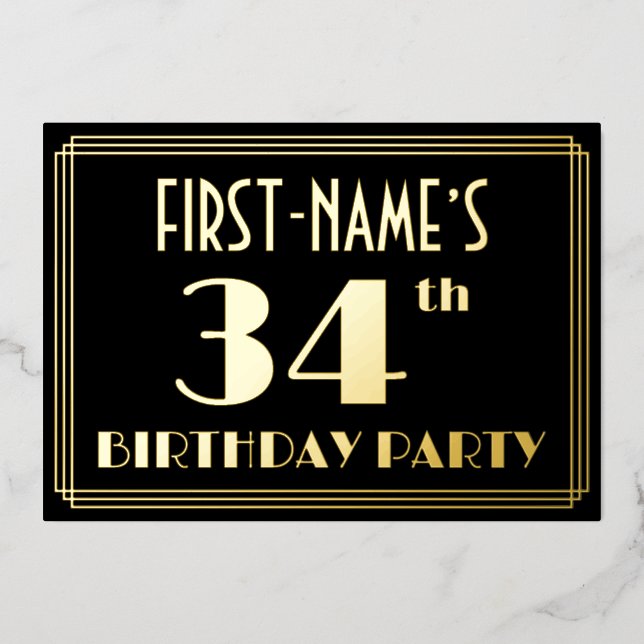 34th Birthday Party: Art Deco Look “34”, w/ Name (Front)