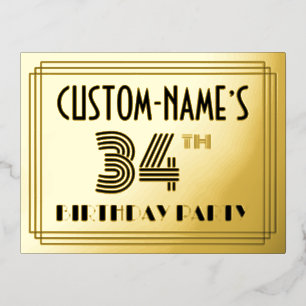 34th Birthday Party ~ Art Deco Style “34” + Name Foil Invitation Postcard