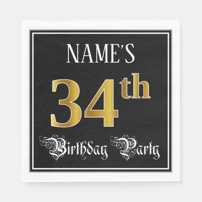 34th Birthday Party — Fancy Script, Faux Gold Look Napkin (Front)