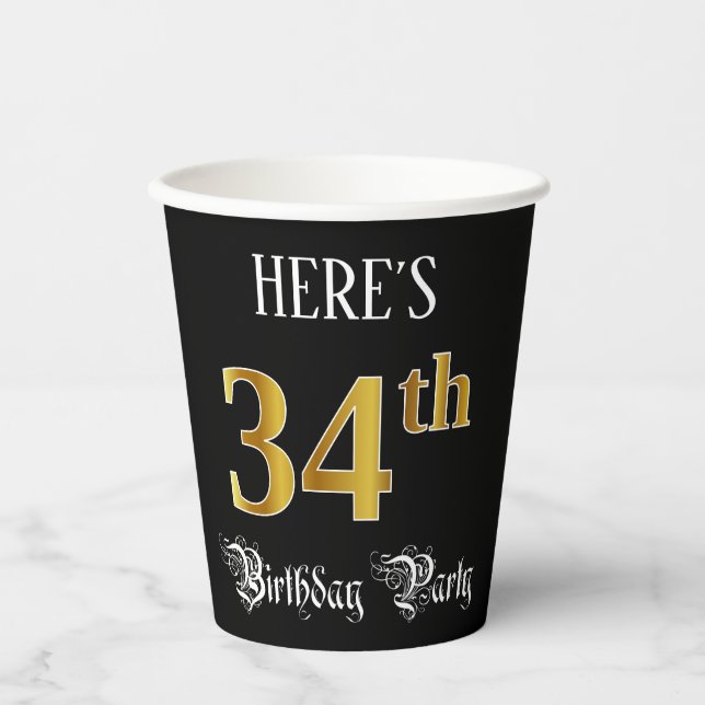 34th Birthday Party — Fancy Script, Faux Gold Look Paper Cups (Front)
