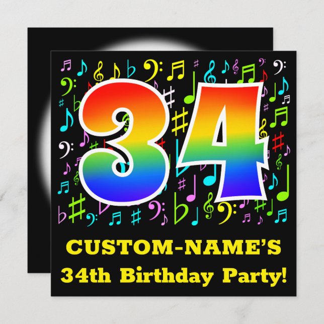 34th Birthday Party: Fun Music Symbols, Rainbow 34 Invitation (Front/Back)