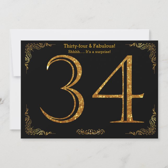 34th Birthday party,Gatsby styl,black gold glitter Invitation (Front)
