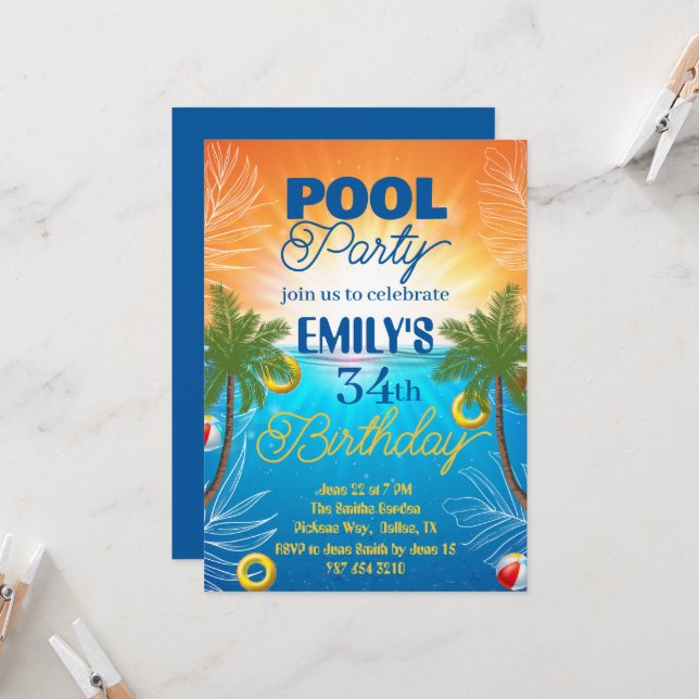 34th birthday pool party invitation (Front/Back In Situ)