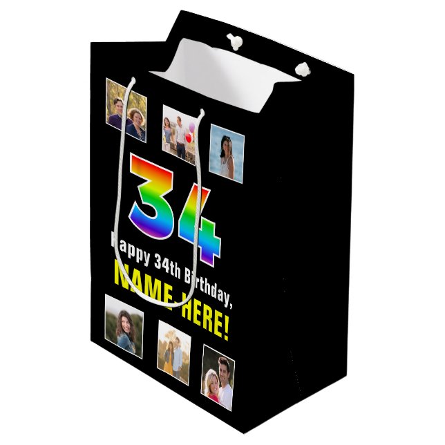34th Birthday: Rainbow “34“, Custom Photos & Name Medium Gift Bag (Front Angled)