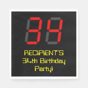 34th Birthday: Red Digital Clock Style "34" + Name Napkin