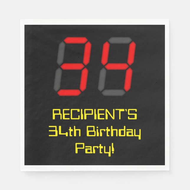34th Birthday: Red Digital Clock Style "34" + Name Napkin (Front)