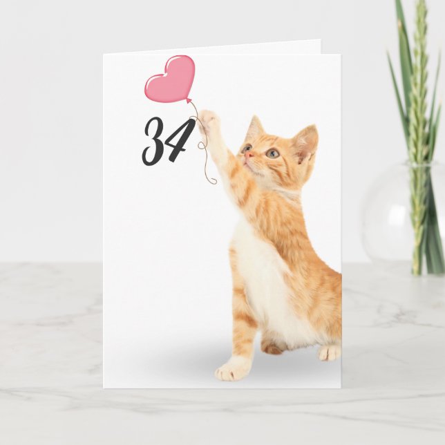 34th birthday tabby cat with heart balloon card (Front)