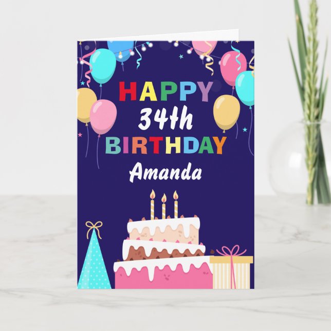 34th Happy Birthday Balloons Cake Navy Blue Card (Front)