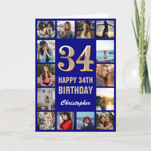 34th Happy Birthday Navy Blue & Gold Photo Collage Card