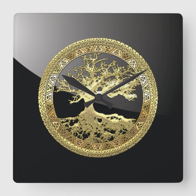 [35] Golden Celtic Tree of Life Square Wall Clock (Front)