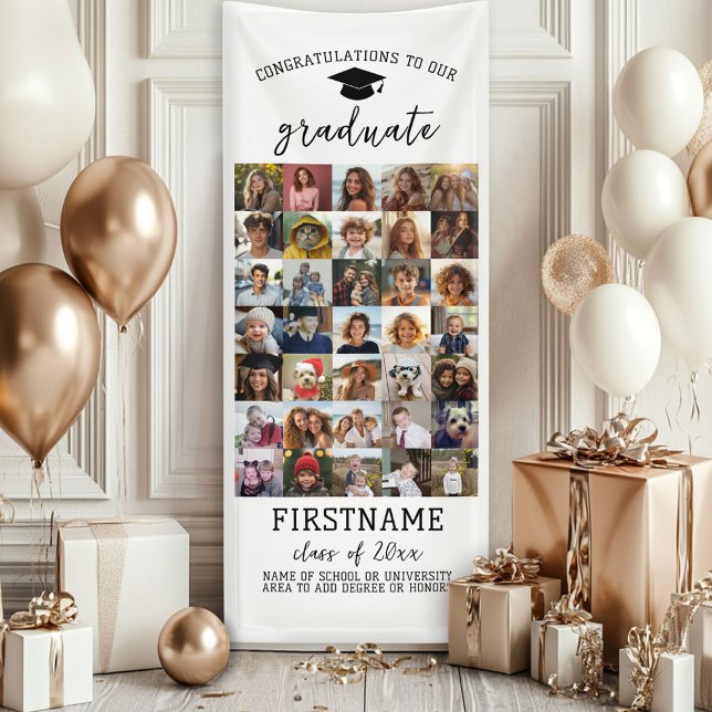 35 Photo - Graduation Modern Minimal White Banner (Custom Graduation Banner - Great for a backdrop or Grad Party Decoration)