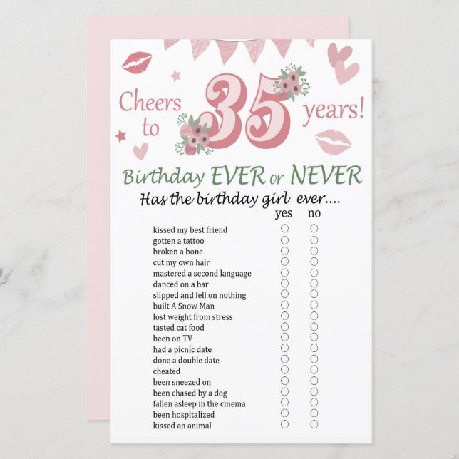 35 th Birthday Ever or Never Game (Front/Back)