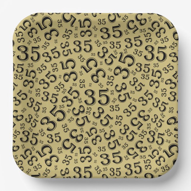 35 Years Random Number Pattern Black/Gold Paper Plate (Front)