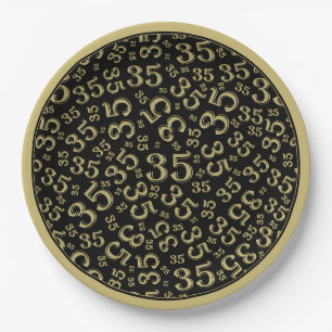 35 Years Random Number Pattern Black/Gold Paper Plate