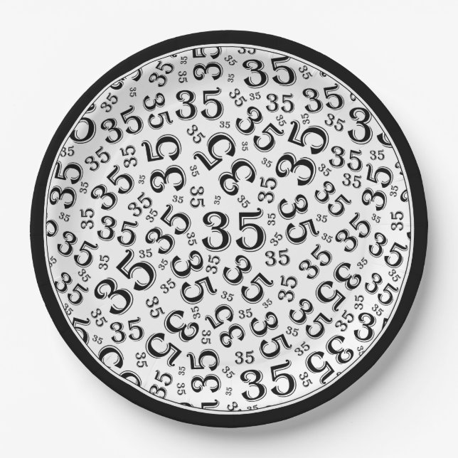 35 Years Random Number Pattern Black/White Paper Plate (Front)