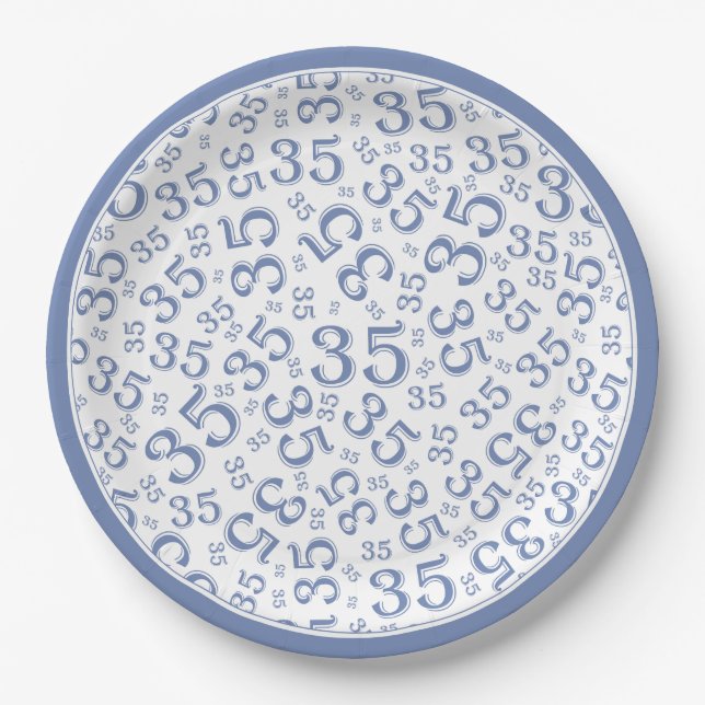 35 Years Random Number Pattern Blue/White Paper Plate (Front)