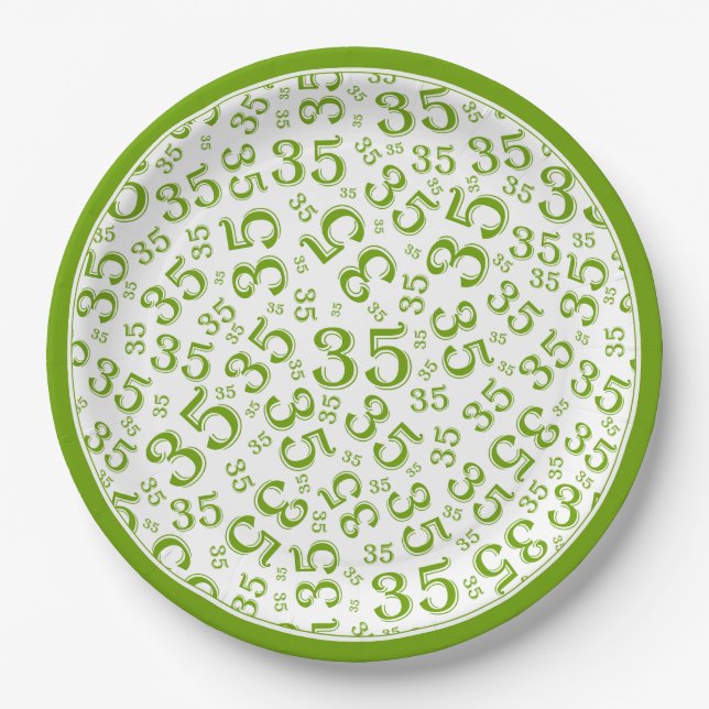 35 Years Random Number Pattern Green/White Paper Plate (Front)