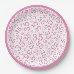 35 Years Random Number Pattern Pink/White Paper Plate
