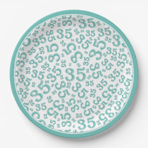 35 Years Random Number Pattern Teal/White Paper Plate