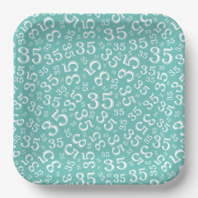 35 Years Random Number Pattern Teal/White Paper Plate (Front)