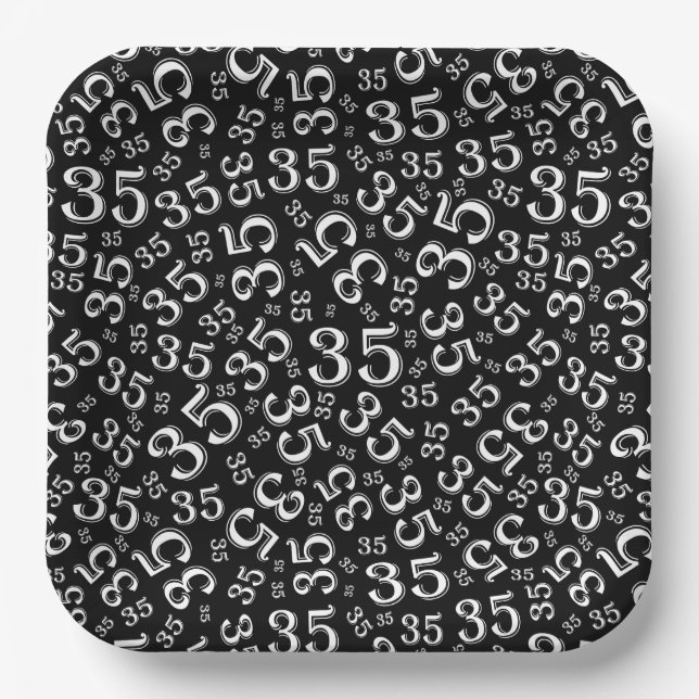 35 Years Random Number Pattern White/Black Paper Plate (Front)