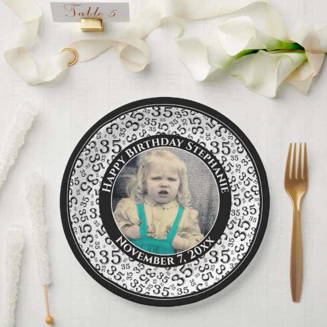 35 Your Photo Random Number Pattern Black/White Paper Plate (Wedding)